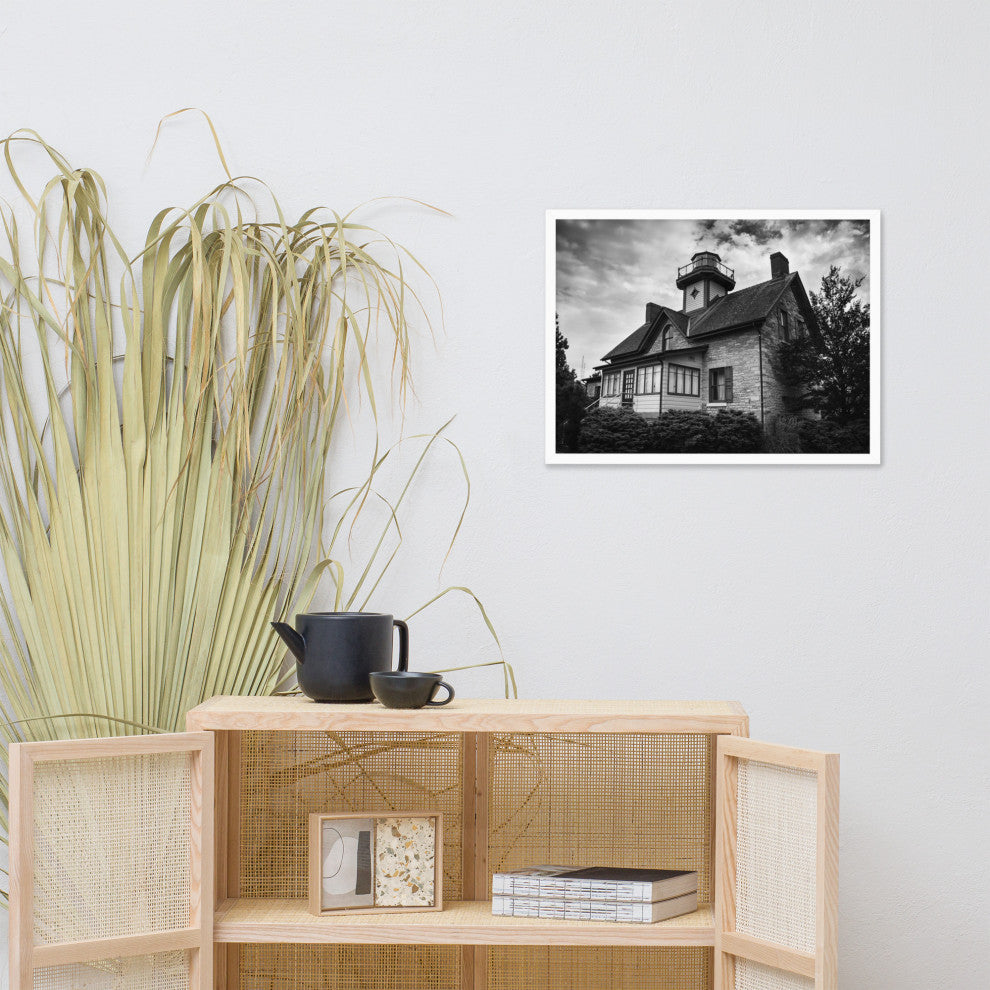 Cedar Point Lighthouse in Black and White Framed Photo Paper Wall Art Prints, White, 18" X 24"