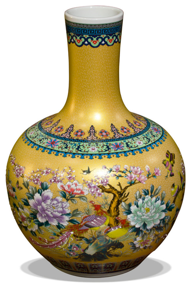 Gold Flower and Birds Chinese Porcelain Temple Vase, With Stand