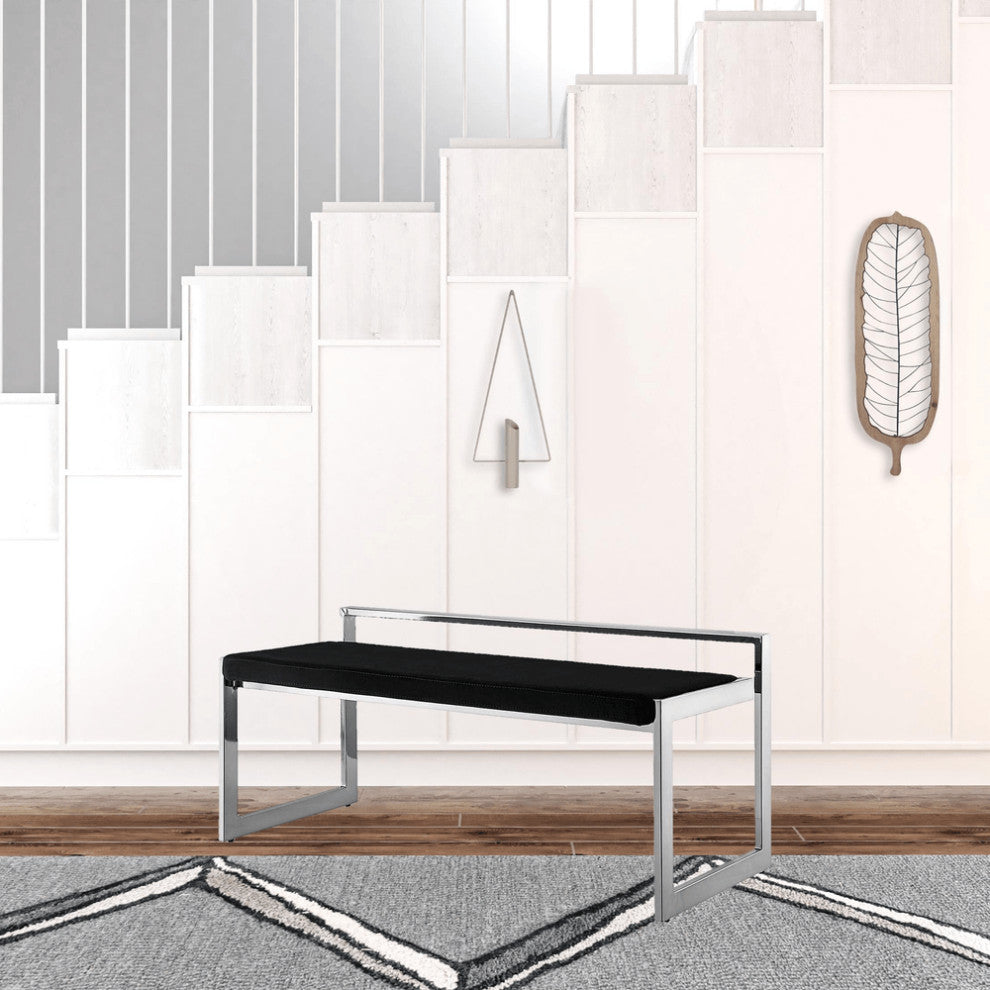 48" Black And Silver Upholstered Velvet Bench