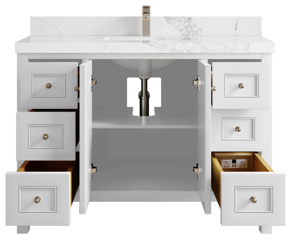 Nashville 48" Single Sink Bath Vanity, White 2" Calacatta Nuvo