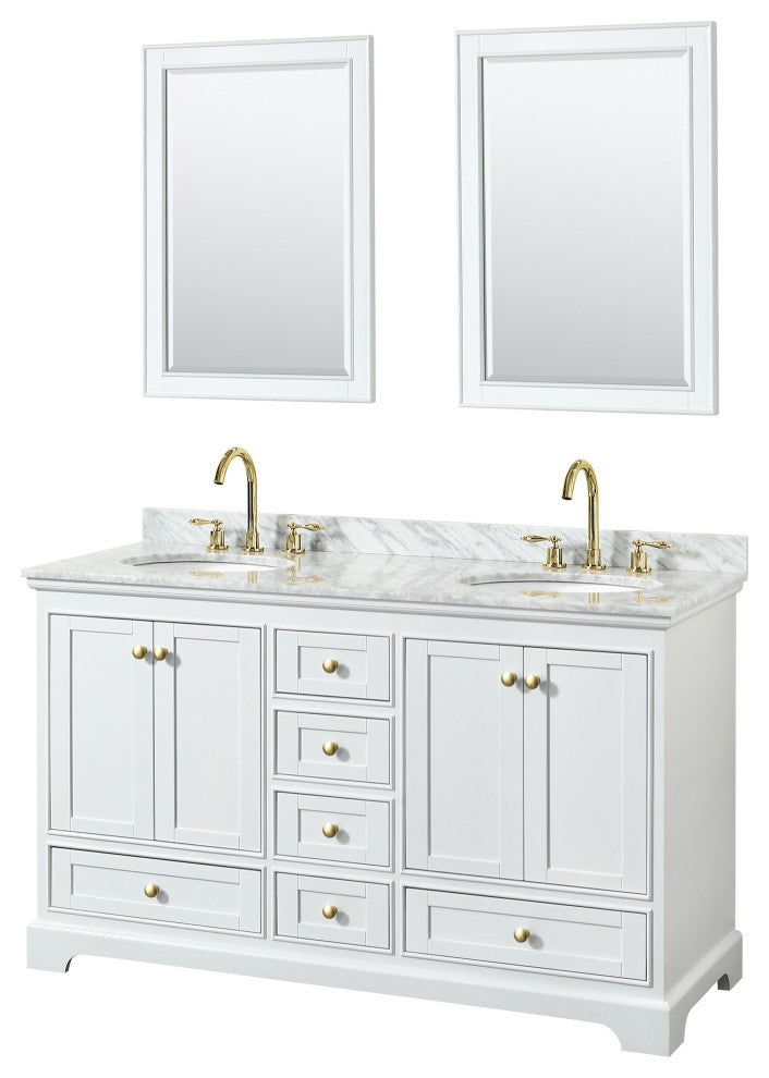 60"DBL Bath Vanity White, Carrara Countertop, Sinks, Gold Trim, 24" Mirrors