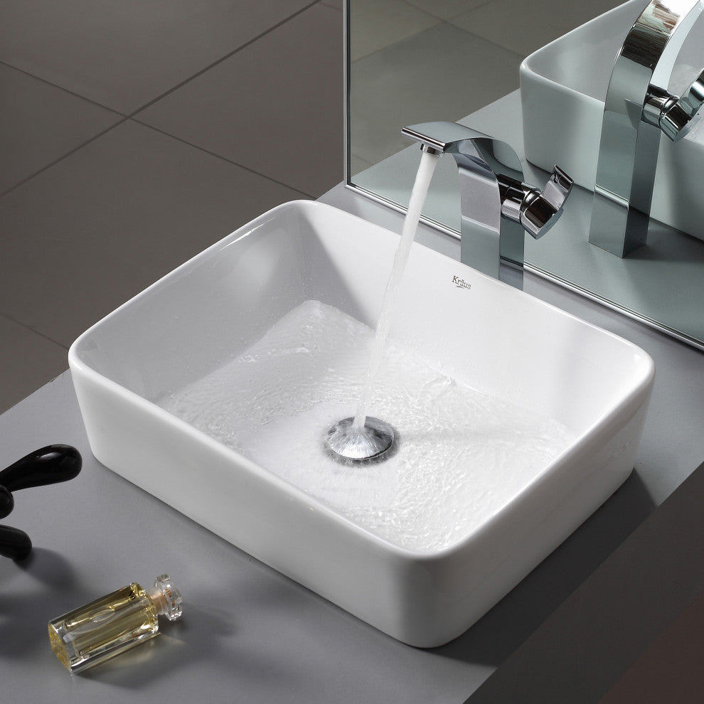 Elavo Ceramic Rectangle Vessel White Sink, PU Drain Chrome
