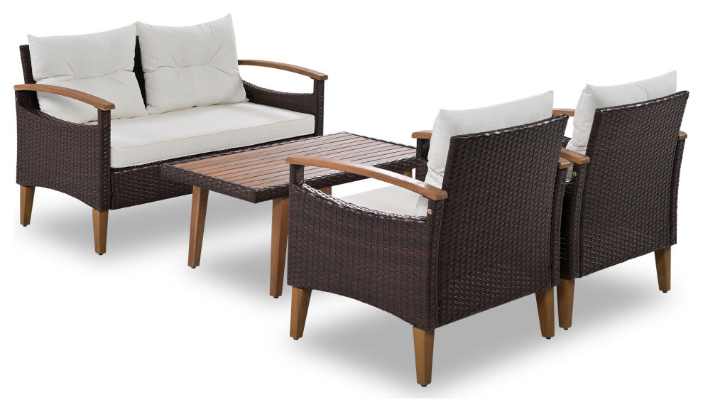 4-Piece Outdoor Wicker Patio Sofa Set with Wood Table and Removable Cushions, Beige