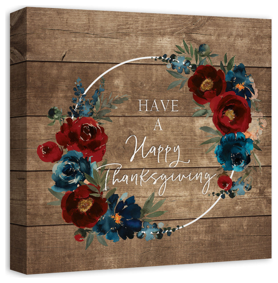Happy Thanksgiving Floral Wreath 1 16"x16" Canvas Wall Art