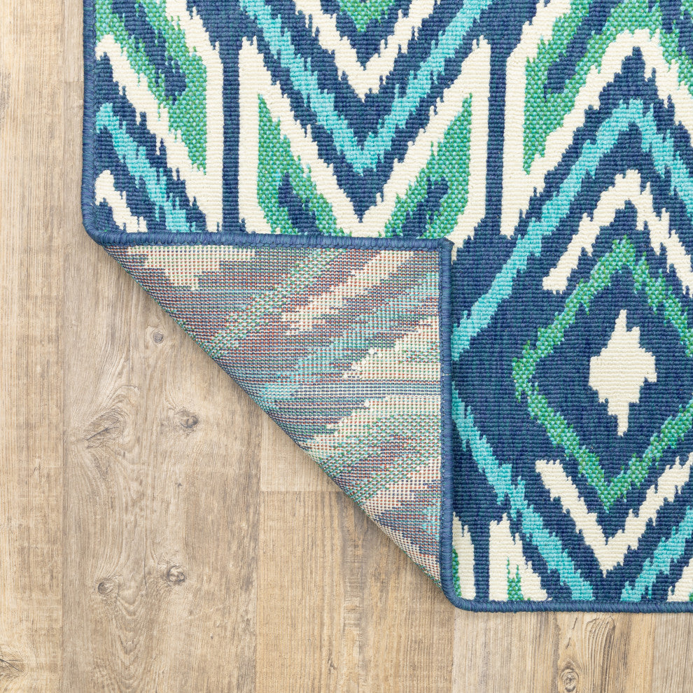 Madelina Ikat Diamonds Navy and Green Indoor or Outdoor Area Rug, 8'6"x13'