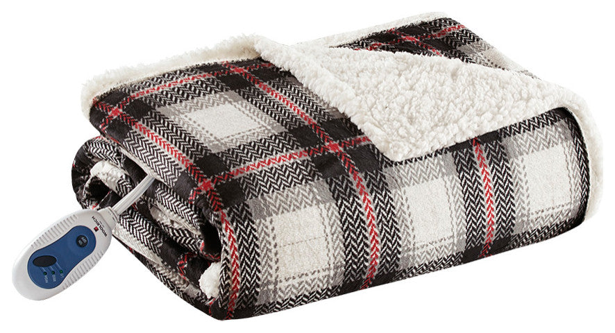 Woolrich Ridley Oversized Plaid Print Faux Mink to Berber Heated Throw, Black