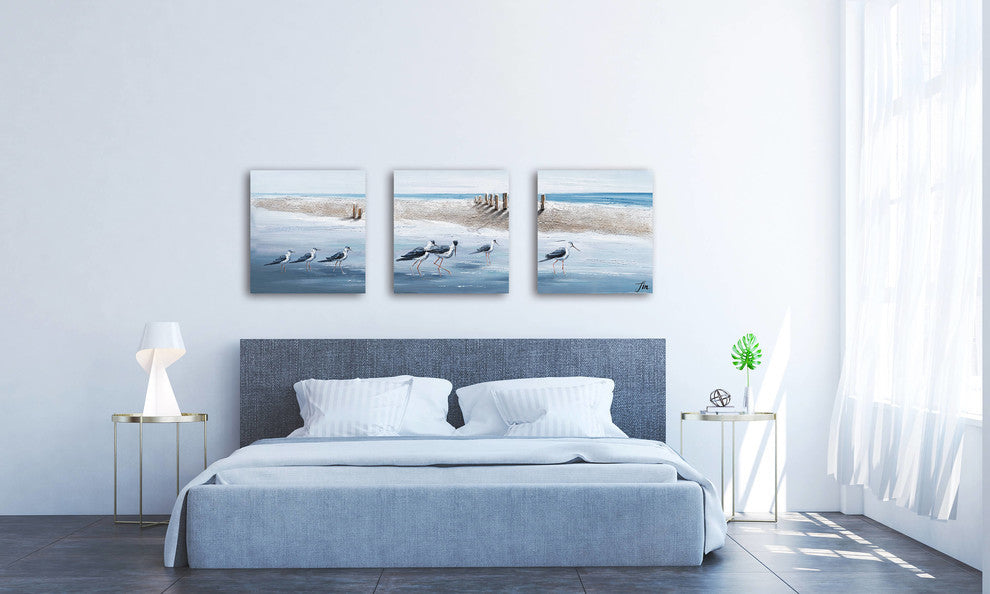 "A Clan of Seagulls" Hand Painted Canvas Art, 60"x20"