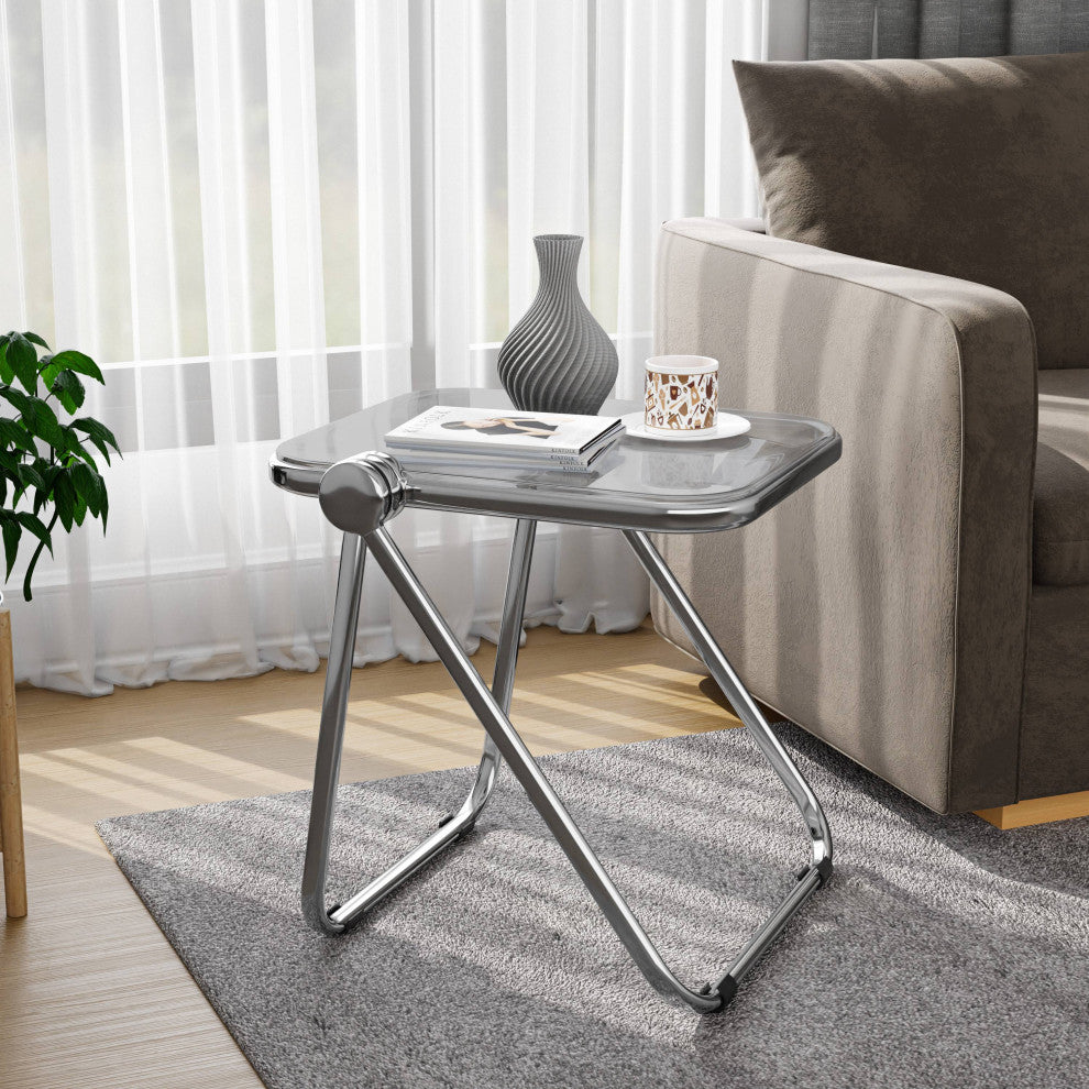 LeisureMod Lawrence Modern Rectangular Folding Table With Aluminum Frame, Transparent Black
