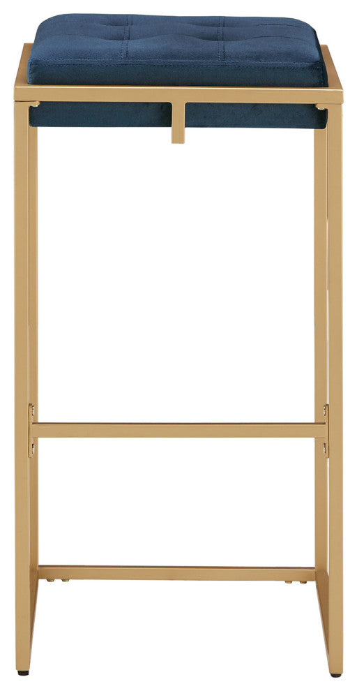 Jasper Gold Finish Velvet Button Tufted Stools, Set of 2, Blue, Bar Height