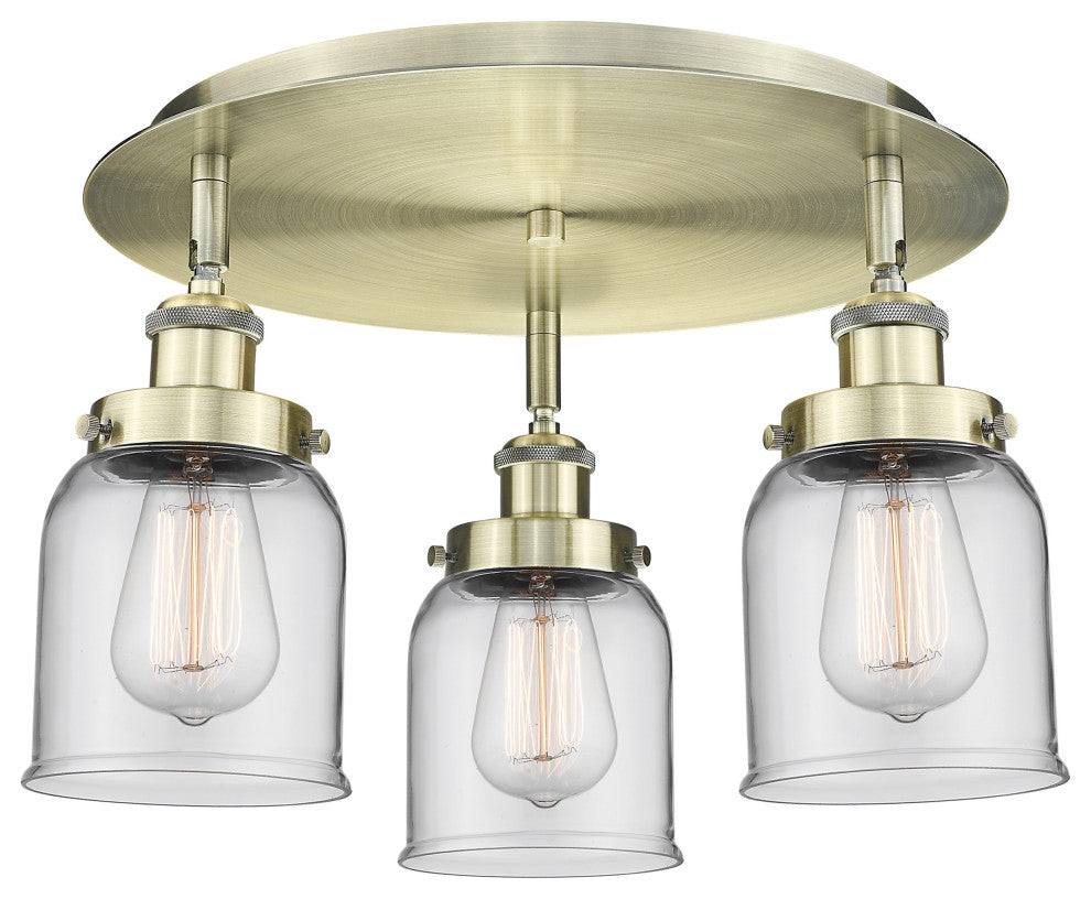 Bell-3 Light 17" Flush Mount-Antique Brass, Clear Glass Shade