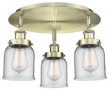 Bell-3 Light 17" Flush Mount-Antique Brass, Clear Glass Shade