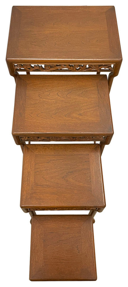 Consigned Early 20th Century Chinese Carved Teak Wood Nesting Table Set