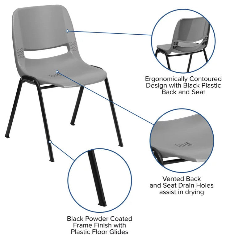 5 Pack Multipurpose Chair, Stackable Design With Plastic Seat & Back, Gray