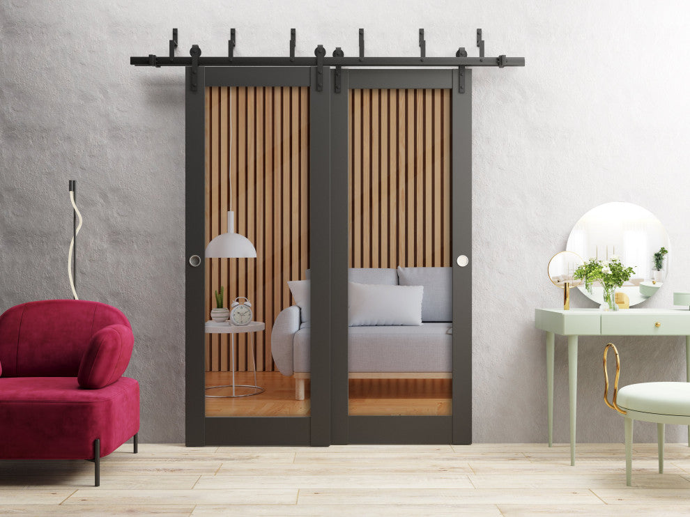 Slab Barn Door 42 x 80, Lucia 2166 Matte Black Clear Glass, Sliding