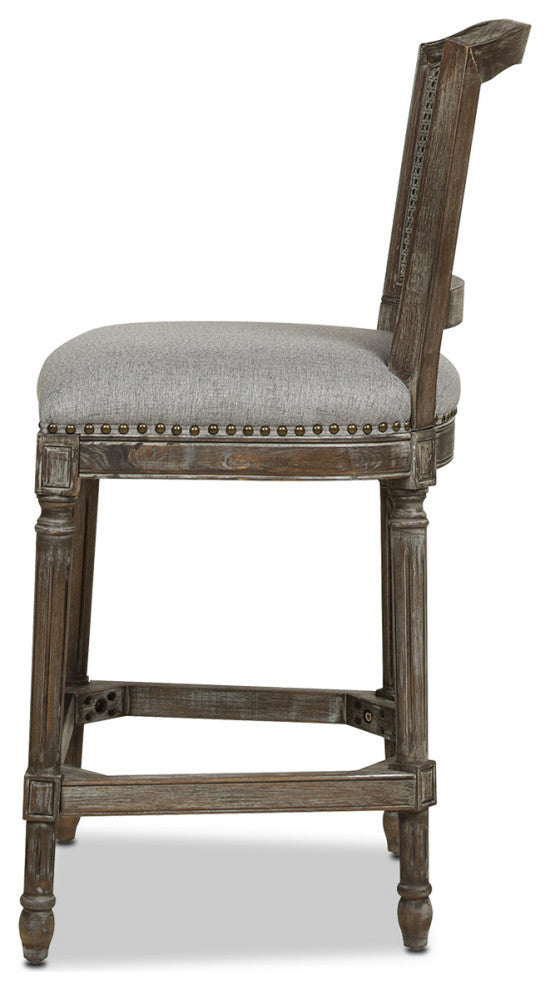 Triomphe 26.5" Oak Rattan Wicker Counter Stool, Heathered Gray Linen