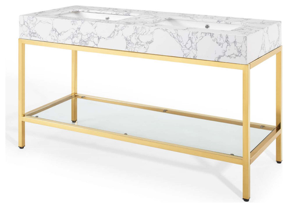 Sink Vanity Cabinet, Artificial Marble, Metal, Gold White, Modern, Bathroom