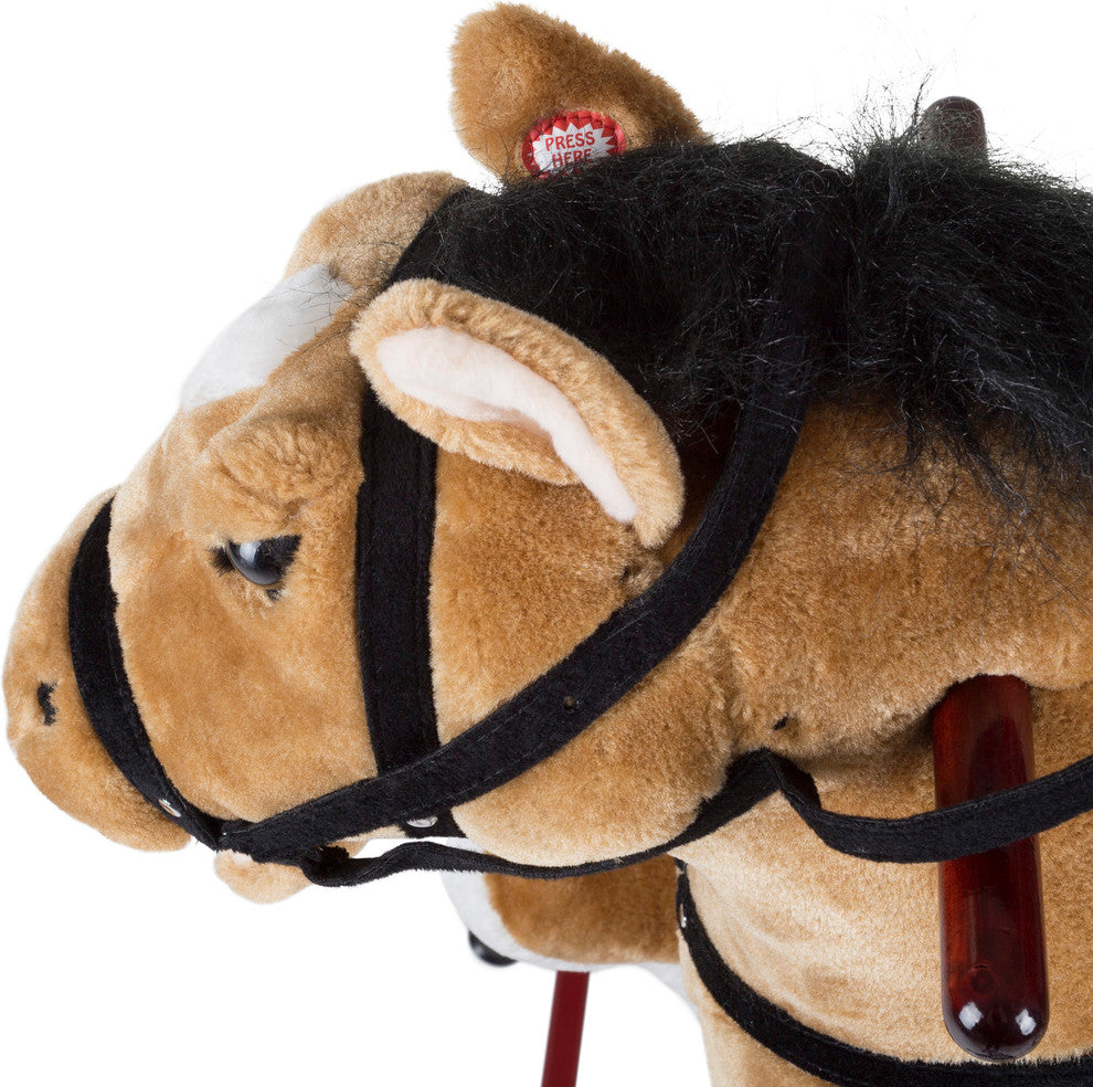 Spring Rocking Horse Plush Ride on Toy with Stirrups and Sounds, Brown