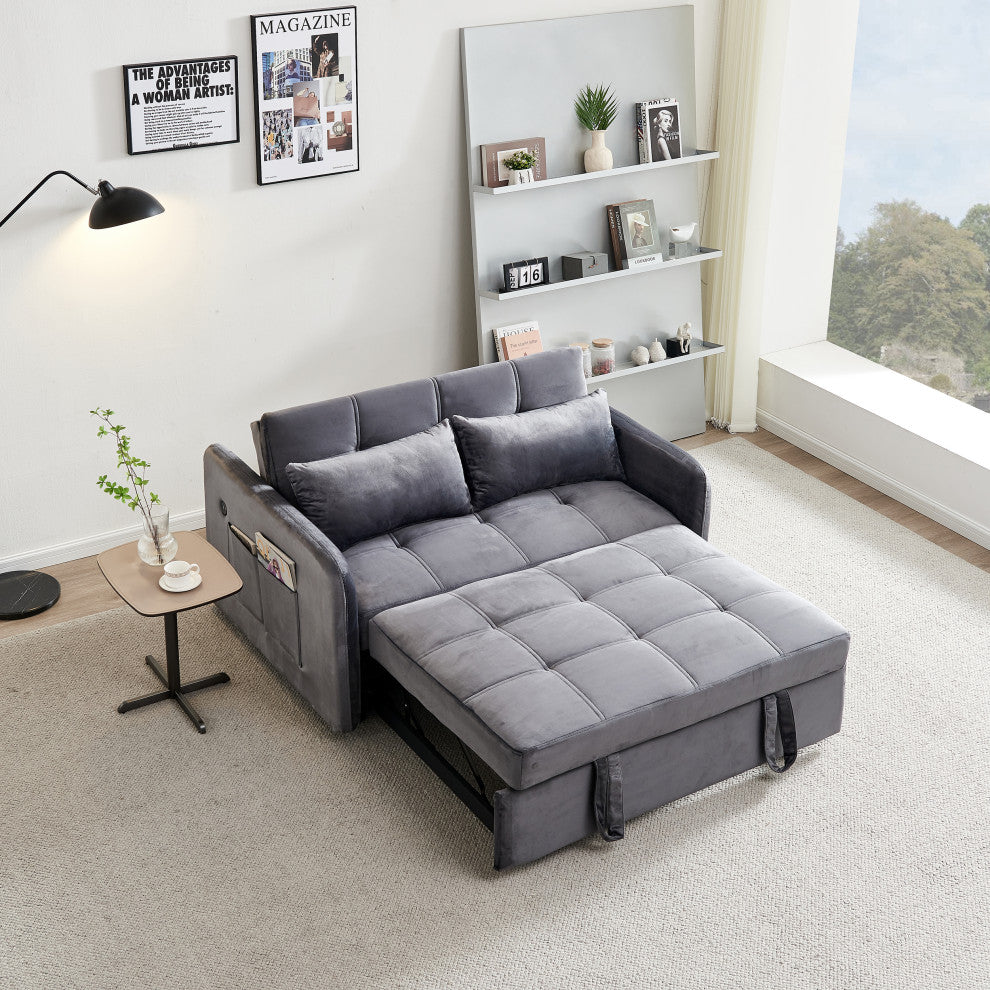 TATEUS 55.5" Twins Pull Out Sofa Bed Velvet for Small Room Grey