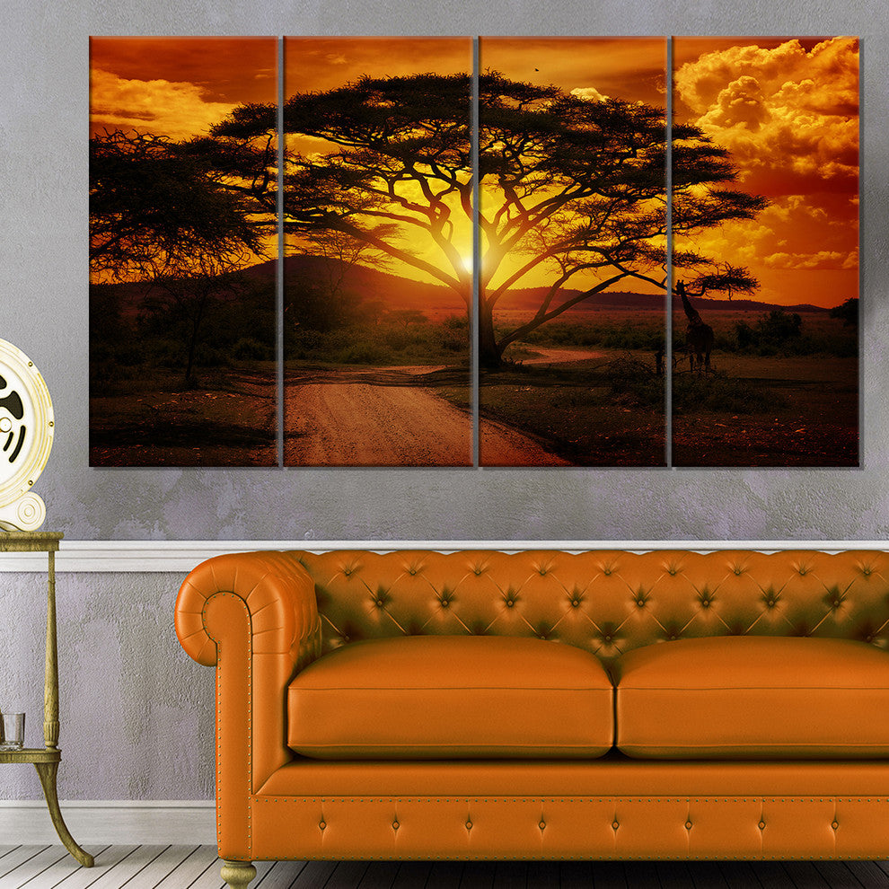African Sunset with Lonely Tree, African Landscape Canvas Art, 48"x28", 4 Panels