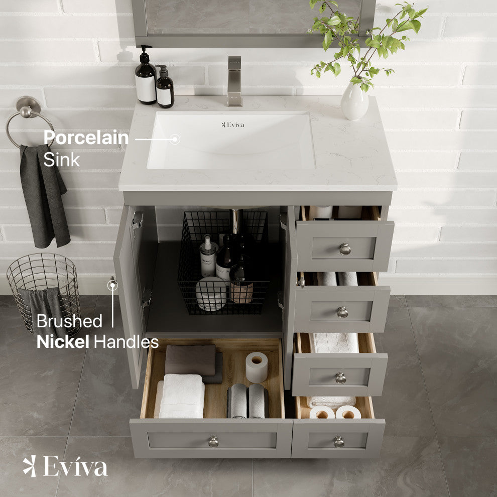 Eviva Happy 30"Wx18" Bathroom Vanity, White Carrara Quartz Countertop