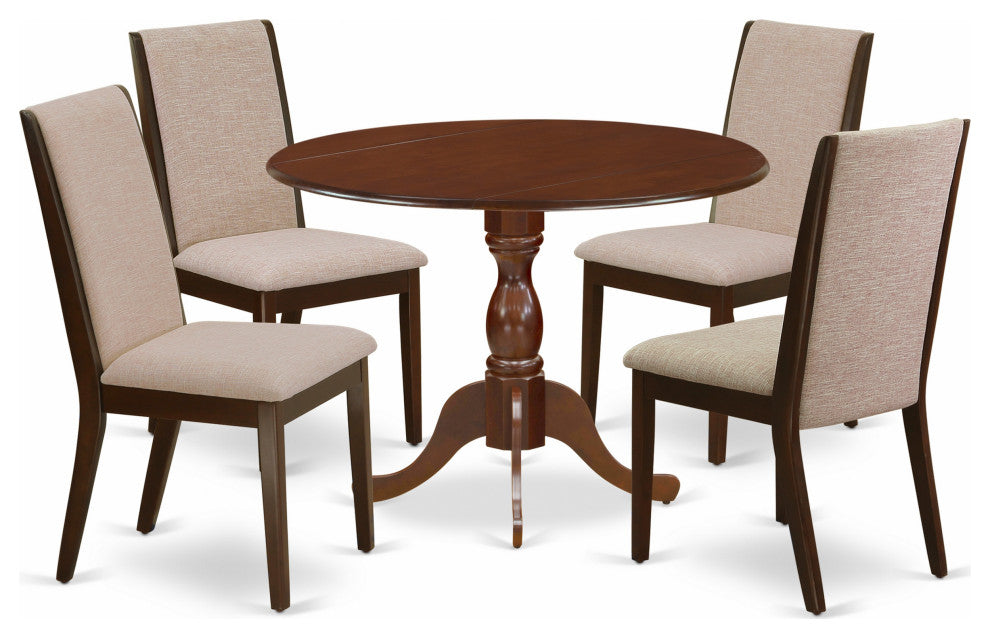 5 Pc Dining Set, Mahogany Wood Table, 4 Light Tan Upholstered Chairs, High Back