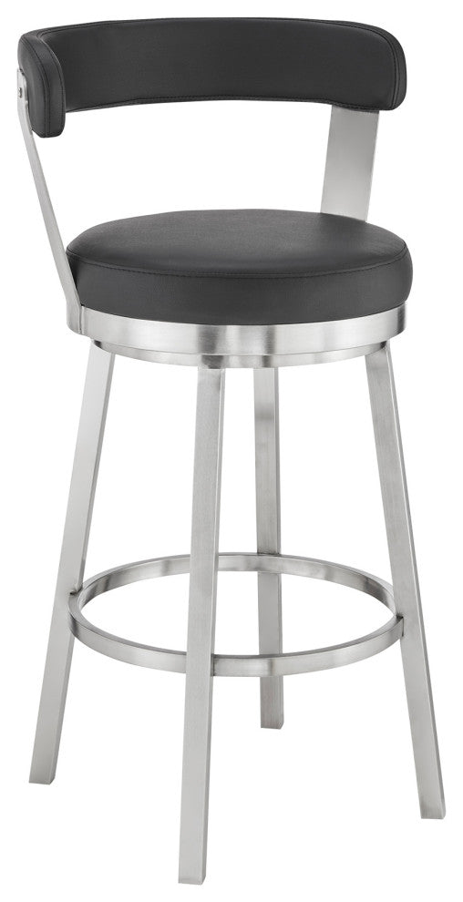 Kobe 30" Swivel Bar Stool, Stainless Steel Finish and Black Faux Leather