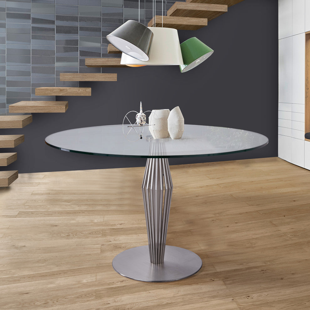 Lindsey  Dining Table, Brushed Stainless Steel Finish and Clear Glass Top
