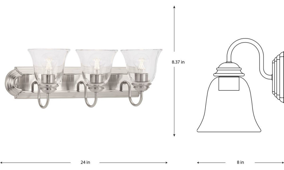 Three-Light Brushed Nickel Transitional Bath and Vanity Light With Clear Glass