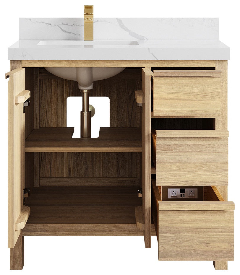 Elizabeth Oak 36" Left Offset Sink Vanity, White 2" Calacatta Laza