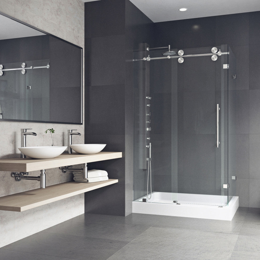 VIGO Winslow Frameless Sliding Shower Enclosure, Stainless Steel, 36" D X 48" W X 80" H, Left Drain Base