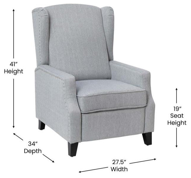 Prescott Push Back Wingback Recliner Chair- Fabric Upholstery-Accent Nail Trim, Gray