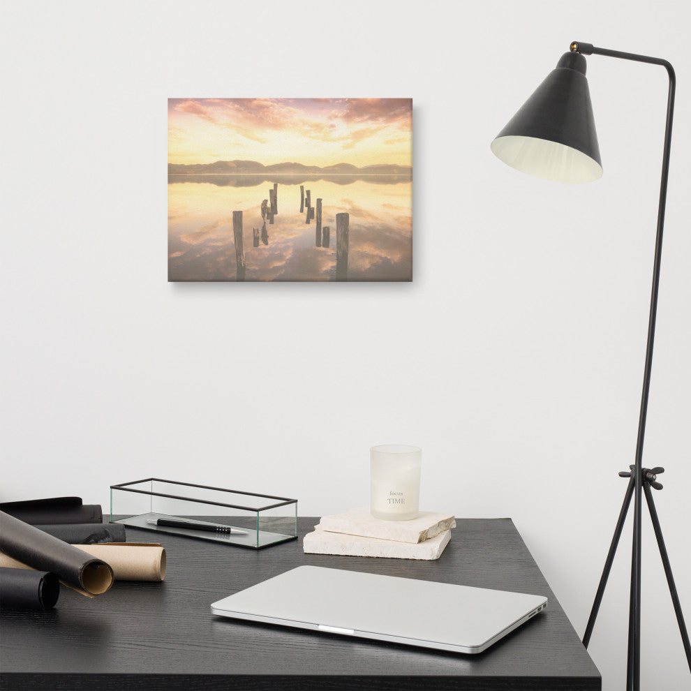 Sunset Pillars and Reflections on Lake Landscape Photo Canvas Wall Art Prints, 12" X 16"