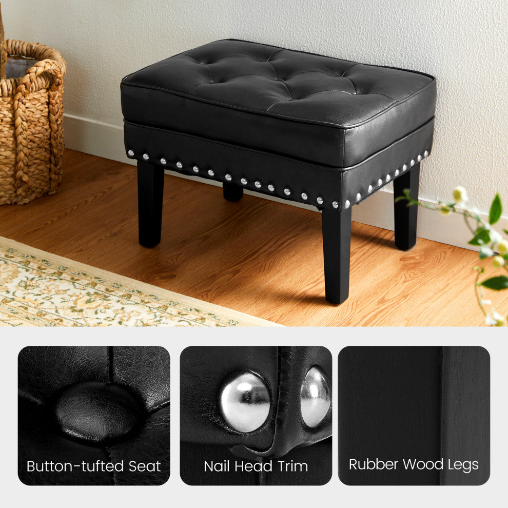 Set of 2 Leatherette Button-Tufted Accent Stool, Black