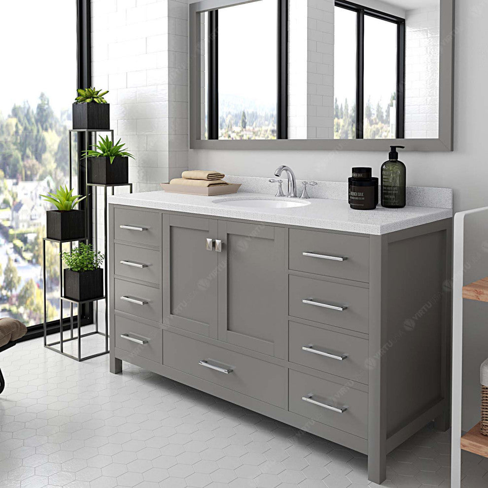 Caroline Avenue 60" Single Bath Vanity, Gray w White Quartz Top and Round Sink