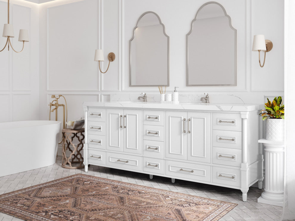 Aberdeen 84 Double Sink Bath Vanity in White 2" Piatra Gray