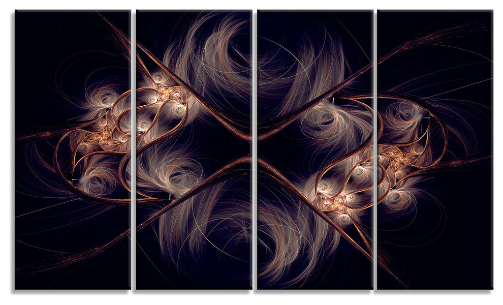 Dark Gold Fractal Flower Pattern, Abstract Wall Art Canvas, 48"x28", 4 Panels