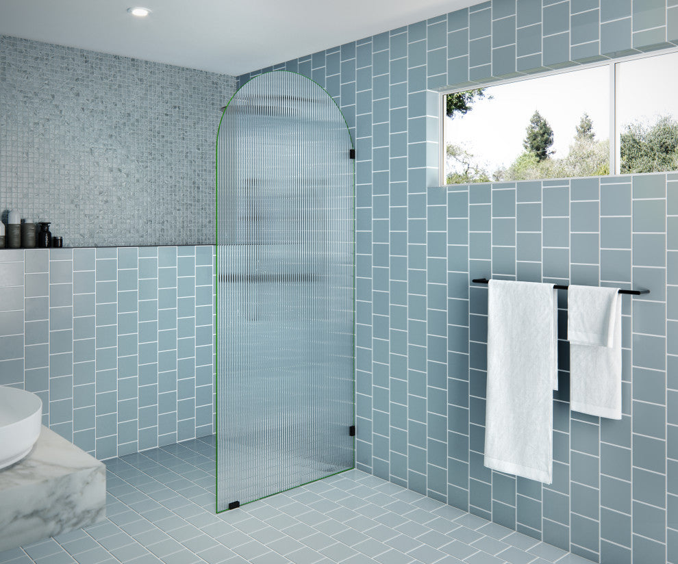 34"x86.75" Frameless Shower Door, Arched Fluted Single Fixed Panel, Matte Black