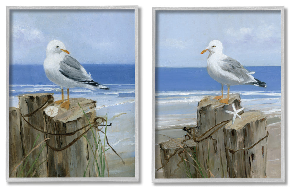 Seagulls Beach Shore Wooden Pillars Sanddollar Starfish Scene,24 x 30