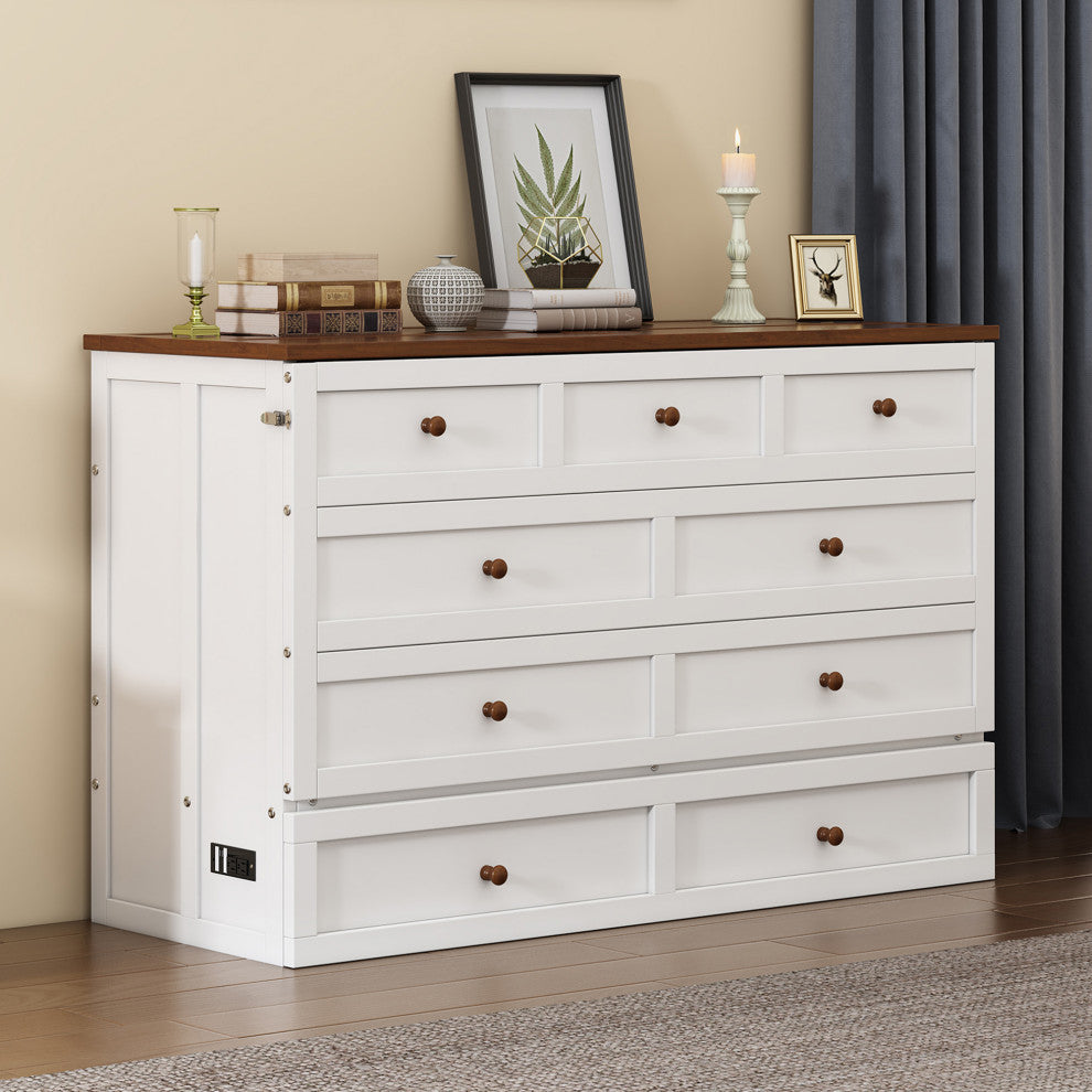 Full/Queen Solid Pine Frame Murphy Bed, Charging Station, Full