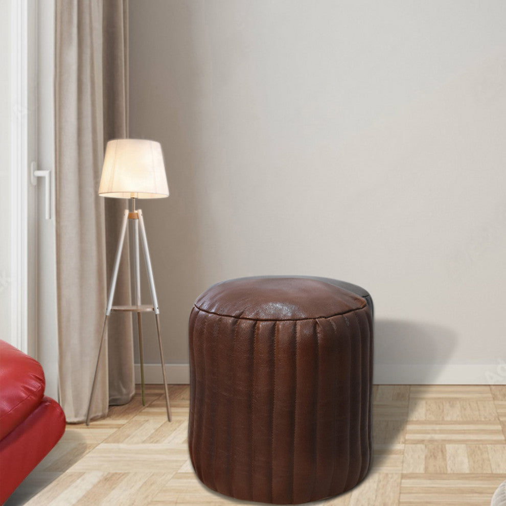 Poufs-Solid Handmade Goat Leather Pouf, Recycled Cotton Fill, Brown, 18x18x18 Round