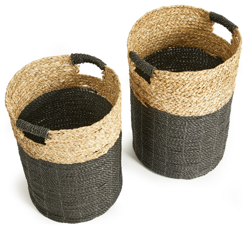 Set 2 Contemporary Casual Natural Black Round Tall Tote Baskets Handles Large
