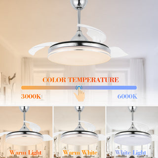 42" Modern Retractable Ceiling Fan with Light Kit and Remote Control 3 Blades, Chrome, 42"