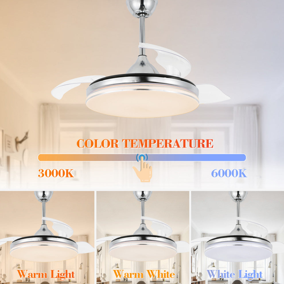 42" Modern Retractable Ceiling Fan with Light Kit and Remote Control 3 Blades, Chrome, 42"