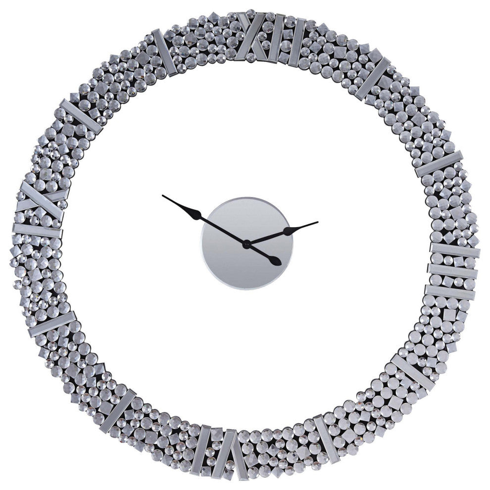 Benzara BM280297 39" Modern Analog Wall Clock, Faux Gem Inlay, Quartz, Silver