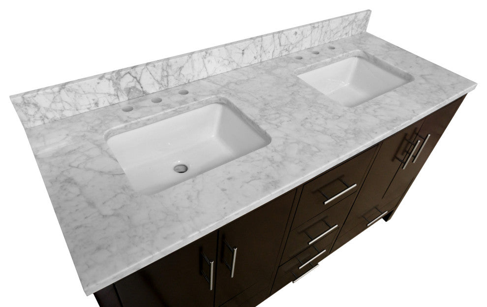California 60" Bathroom Vanity, Chocolate, Carrara Marble, Double