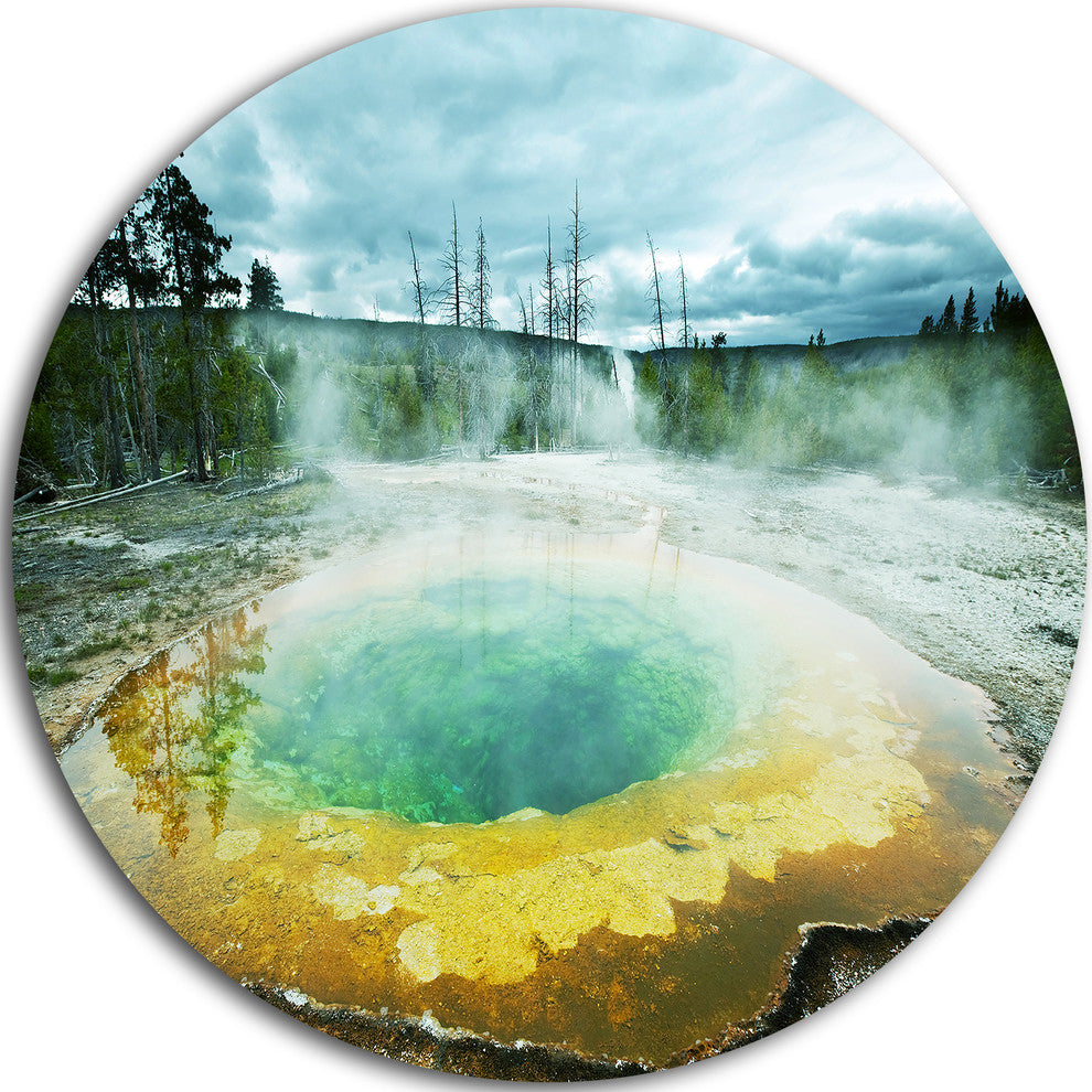 Morning Glory Pool Under Clouds, Landscape Round Metal Wall Art, 23"