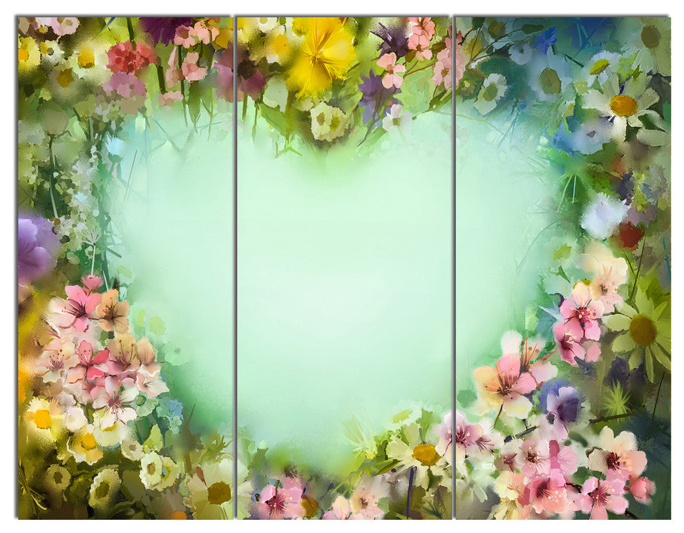 Vintage Flowers with Heart Shape, Floral Canvas Artwork, 36x28, 3 Panels