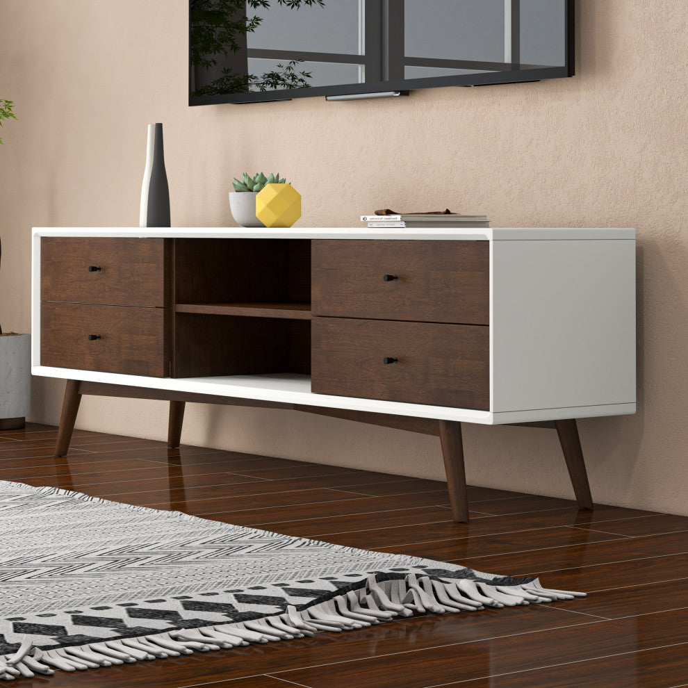 Noak Mid-Century Modern Solid Wood TV Stand With 6 Storage Cabinet, White
