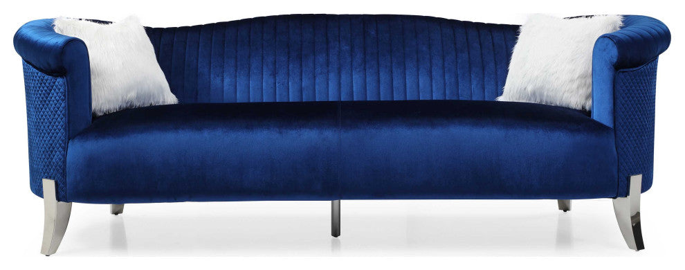 Vine 96 in. W Round Arm Velvet Straight Sofa, Blue