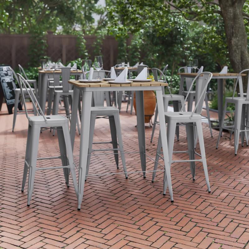 Declan Commercial Indoor/Outdoor Bar Top Square Table, 31.5", Brown/Silver